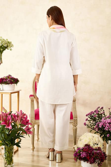 Shop Rainas Beige Chiffon, Linen Tassels Collared Botanical Print Shirt Pant Set at Aza Fashions Shop_Rainas_Beige Chiffon, Linen Tassels Collared Botanical Print Shirt Pant Set_at_Aza_Fashions