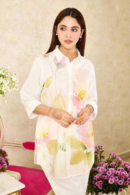 Rainas Beige Chiffon, Linen Tassels Collared Botanical Print Shirt Pant Set Online at Aza Fashions Rainas_Beige Chiffon, Linen Tassels Collared Botanical Print Shirt Pant Set_Online_at_Aza_Fashions