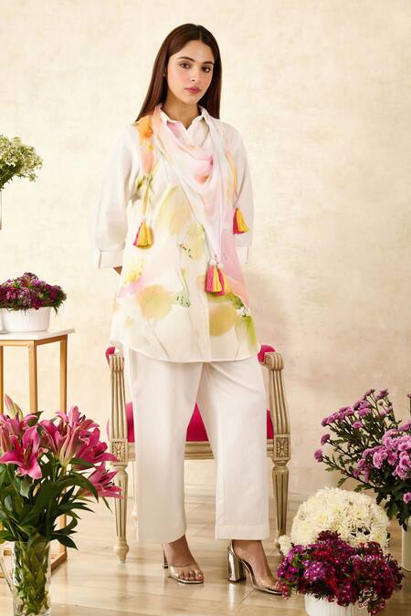 Shop Rainas Beige Chiffon, Linen Tassels Collared Botanical Print Shirt Pant Set Online at Aza Fashions Shop_Rainas_Beige Chiffon, Linen Tassels Collared Botanical Print Shirt Pant Set_Online_at_Aza_Fashions