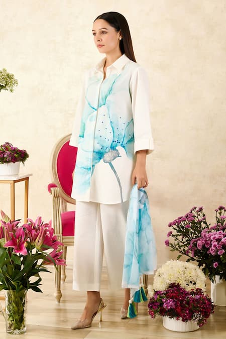 Buy_Rainas_White Chiffon, Linen Tassels, Embroidery Collared Flower Print Shirt Pant Set_Online_at_Aza_Fashions