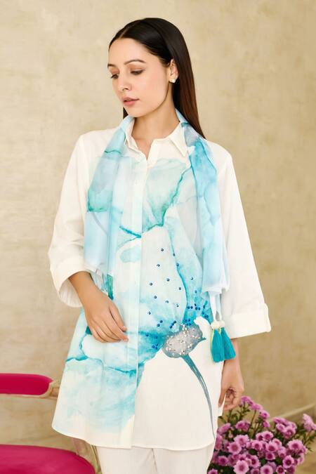 Rainas_White Chiffon, Linen Tassels, Embroidery Collared Flower Print Shirt Pant Set_at_Aza_Fashions