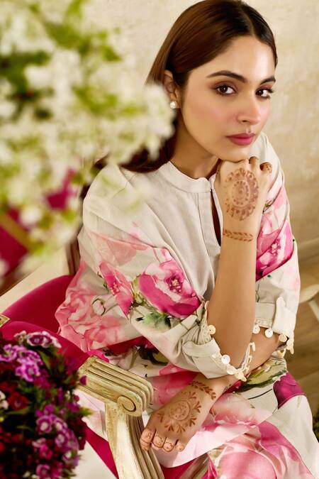 Rainas_Beige Chiffon, Linen Tassels Mandarin Collar Floral Print Kurta Pant Set_Online_at_Aza_Fashions