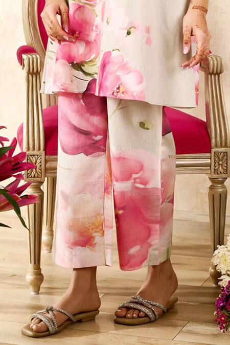 Rainas_Beige Chiffon, Linen Tassels Mandarin Collar Floral Print Kurta Pant Set_at_Aza_Fashions