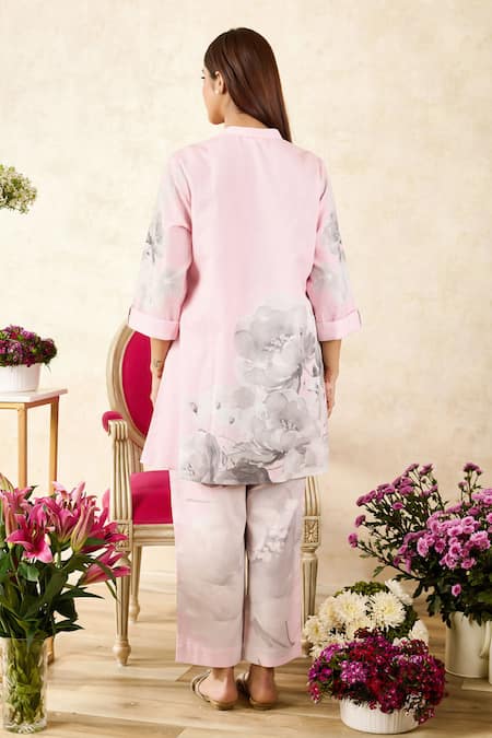 Shop Rainas Pink Chiffon, Linen Tassels, Embroidery Floral Print Pant Set With Scarf at Aza Fashions Shop_Rainas_Pink Chiffon, Linen Tassels, Embroidery Floral Print Pant Set With Scarf_at_Aza_Fashions