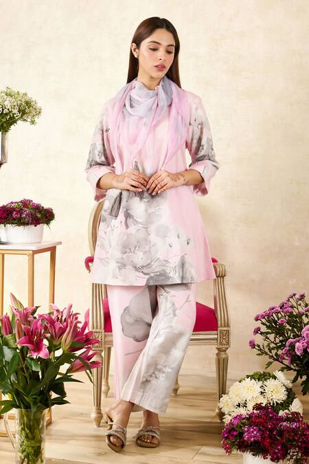 Rainas Pink Chiffon, Linen Tassels, Embroidery Floral Print Pant Set With Scarf at Aza Fashions Rainas_Pink Chiffon, Linen Tassels, Embroidery Floral Print Pant Set With Scarf_at_Aza_Fashions