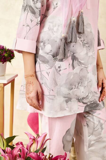 Buy Rainas Pink Chiffon, Linen Tassels, Embroidery Floral Print Pant Set With Scarf Buy_Rainas_Pink Chiffon, Linen Tassels, Embroidery Floral Print Pant Set With Scarf