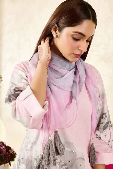 Shop Rainas Pink Chiffon, Linen Tassels, Embroidery Floral Print Pant Set With Scarf Shop_Rainas_Pink Chiffon, Linen Tassels, Embroidery Floral Print Pant Set With Scarf