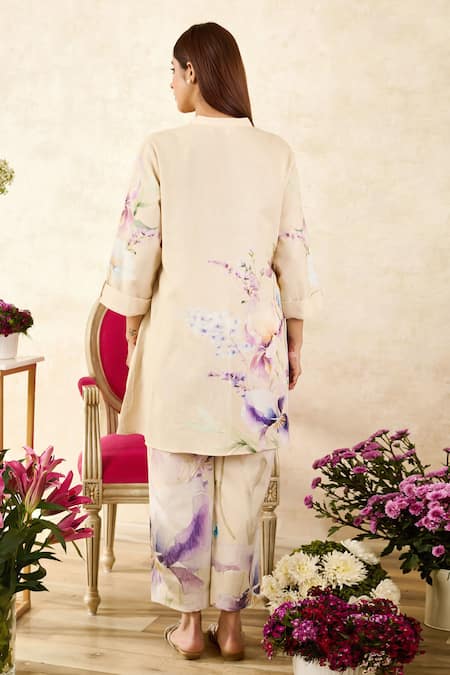 Rainas_Beige Chiffon, Linen Tassels Mandarin Collar Flower Print Kurta Pant Set _Online_at_Aza_Fashions