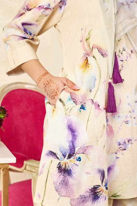 Buy_Rainas_Beige Chiffon, Linen Tassels Mandarin Collar Flower Print Kurta Pant Set _Online_at_Aza_Fashions