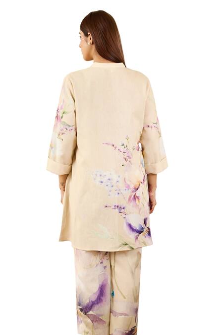 Shop_Rainas_Beige Chiffon, Linen Tassels Mandarin Collar Flower Print Kurta Pant Set _Online_at_Aza_Fashions