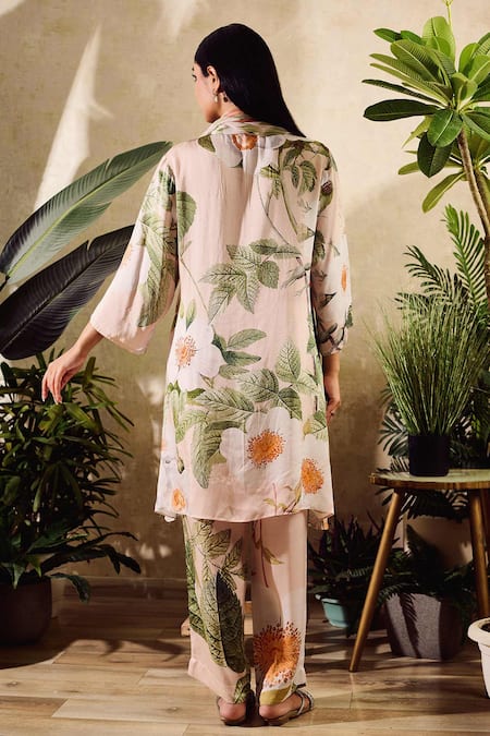 Shop Rainas Beige Chiffon, Satin Tassels Mandarin Collar Botanical Print Kurta Pant Set at Aza Fashions Shop_Rainas_Beige Chiffon, Satin Tassels Mandarin Collar Botanical Print Kurta Pant Set_at_Aza_Fashions