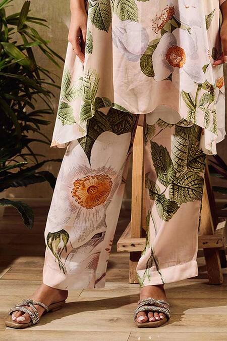 Rainas Beige Chiffon, Satin Tassels Mandarin Collar Botanical Print Kurta Pant Set Online at Aza Fashions Rainas_Beige Chiffon, Satin Tassels Mandarin Collar Botanical Print Kurta Pant Set_Online_at_Aza_Fashions