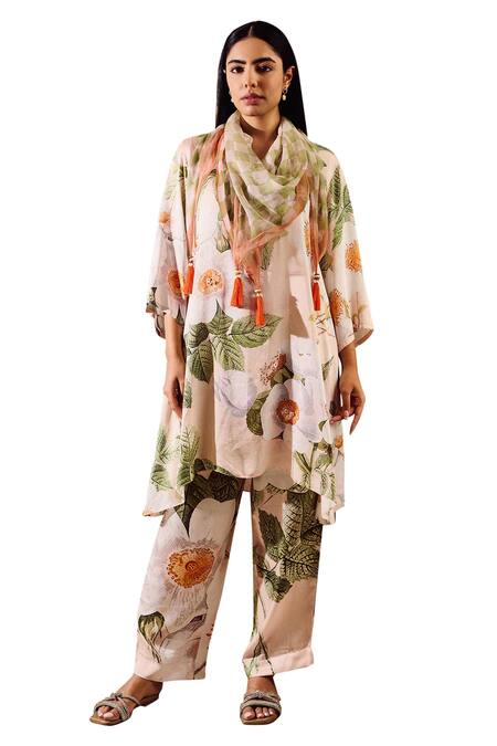 Buy Rainas Beige Chiffon, Satin Tassels Mandarin Collar Botanical Print Kurta Pant Set Online at Aza Fashions Buy_Rainas_Beige Chiffon, Satin Tassels Mandarin Collar Botanical Print Kurta Pant Set_Online_at_Aza_Fashions