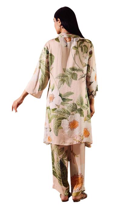 Shop Rainas Beige Chiffon, Satin Tassels Mandarin Collar Botanical Print Kurta Pant Set Online at Aza Fashions Shop_Rainas_Beige Chiffon, Satin Tassels Mandarin Collar Botanical Print Kurta Pant Set_Online_at_Aza_Fashions