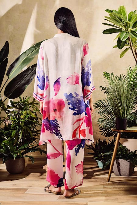 Shop Rainas Multi Color Chiffon, Satin Tassels Mandarin Collar Blossom Print Kurta Pant Set at Aza Fashions Shop_Rainas_Multi Color Chiffon, Satin Tassels Mandarin Collar Blossom Print Kurta Pant Set_at_Aza_Fashions