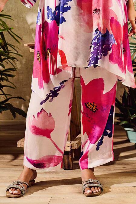 Rainas Multi Color Chiffon, Satin Tassels Mandarin Collar Blossom Print Kurta Pant Set Online at Aza Fashions Rainas_Multi Color Chiffon, Satin Tassels Mandarin Collar Blossom Print Kurta Pant Set_Online_at_Aza_Fashions