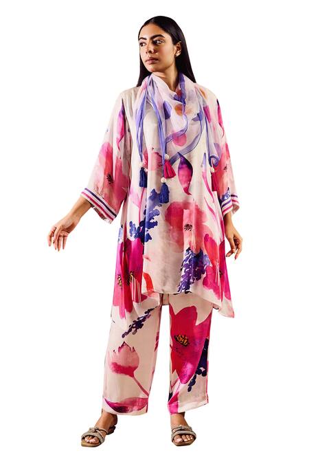 Buy Rainas Multi Color Chiffon, Satin Tassels Mandarin Collar Blossom Print Kurta Pant Set Online at Aza Fashions Buy_Rainas_Multi Color Chiffon, Satin Tassels Mandarin Collar Blossom Print Kurta Pant Set_Online_at_Aza_Fashions