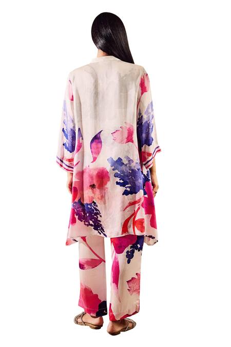 Shop Rainas Multi Color Chiffon, Satin Tassels Mandarin Collar Blossom Print Kurta Pant Set Online at Aza Fashions Shop_Rainas_Multi Color Chiffon, Satin Tassels Mandarin Collar Blossom Print Kurta Pant Set_Online_at_Aza_Fashions