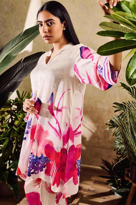 Rainas Multi Color Chiffon, Satin Tassels Mandarin Collar Blossom Print Kurta Pant Set at Aza Fashions Rainas_Multi Color Chiffon, Satin Tassels Mandarin Collar Blossom Print Kurta Pant Set_at_Aza_Fashions