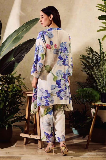 Shop_Rainas_White Cotton, Silk, Chiffon Tassels Mandarin Bloom Print Pant Set With Scarf _at_Aza_Fashions
