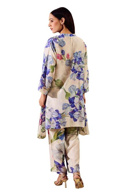 Rainas_White Cotton, Silk, Chiffon Tassels Mandarin Bloom Print Pant Set With Scarf _Online_at_Aza_Fashions