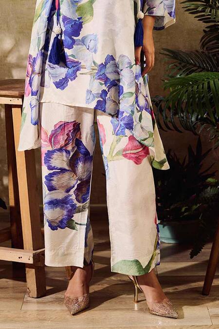 Buy_Rainas_White Cotton, Silk, Chiffon Tassels Mandarin Bloom Print Pant Set With Scarf _Online_at_Aza_Fashions