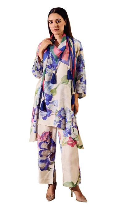 Shop_Rainas_White Cotton, Silk, Chiffon Tassels Mandarin Bloom Print Pant Set With Scarf _Online_at_Aza_Fashions