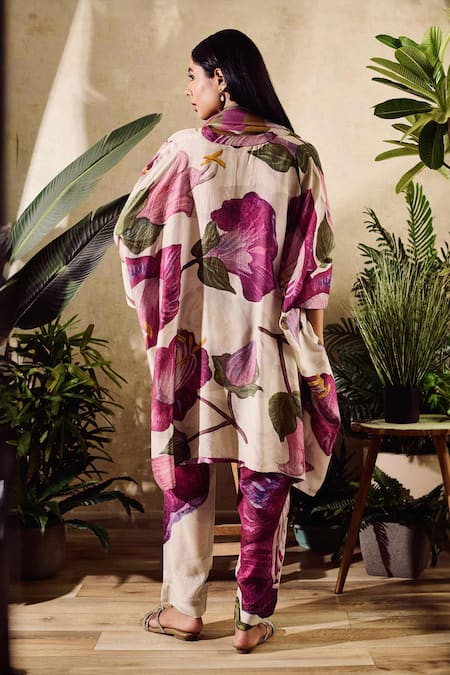 Shop Rainas Off White Cotton, Silk, Chiffon Tassels Mandarin Bloom Pattern Kurta Pant Set at Aza Fashions Shop_Rainas_Off White Cotton, Silk, Chiffon Tassels Mandarin Bloom Pattern Kurta Pant Set_at_Aza_Fashions