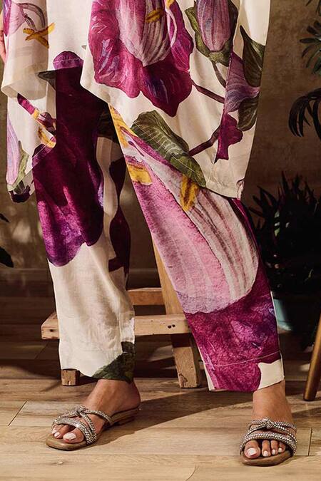 Rainas Off White Cotton, Silk, Chiffon Tassels Mandarin Bloom Pattern Kurta Pant Set Online at Aza Fashions Rainas_Off White Cotton, Silk, Chiffon Tassels Mandarin Bloom Pattern Kurta Pant Set_Online_at_Aza_Fashions