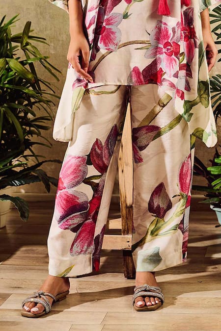 Rainas Off White Cotton, Silk, Chiffon Tassels, Printed Asymmetric Kurta Set With Scarf Online at Aza Fashions Rainas_Off White Cotton, Silk, Chiffon Tassels, Printed Asymmetric Kurta Set With Scarf_Online_at_Aza_Fashions