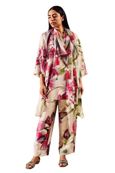 Buy Rainas Off White Cotton, Silk, Chiffon Tassels, Printed Asymmetric Kurta Set With Scarf Online at Aza Fashions Buy_Rainas_Off White Cotton, Silk, Chiffon Tassels, Printed Asymmetric Kurta Set With Scarf_Online_at_Aza_Fashions