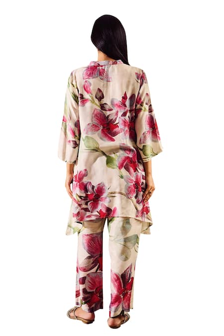 Shop Rainas Off White Cotton, Silk, Chiffon Tassels, Printed Asymmetric Kurta Set With Scarf Online at Aza Fashions Shop_Rainas_Off White Cotton, Silk, Chiffon Tassels, Printed Asymmetric Kurta Set With Scarf_Online_at_Aza_Fashions