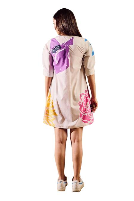 Rainas White Poplin Round Neck Abstract Floral Print Dress Online at Aza Fashions Rainas_White Poplin Round Neck Abstract Floral Print Dress _Online_at_Aza_Fashions