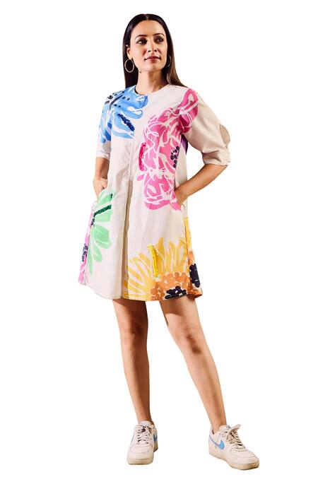 Buy Rainas White Poplin Round Neck Abstract Floral Print Dress Online at Aza Fashions Buy_Rainas_White Poplin Round Neck Abstract Floral Print Dress _Online_at_Aza_Fashions