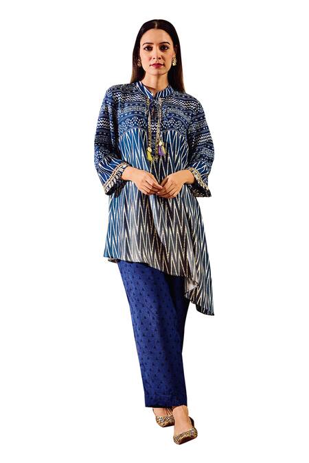 Shop Rainas Blue Cotton, Silk Mandarin Collar Chevron Pattern Kurta With Pant Online at Aza Fashions Shop_Rainas_Blue Cotton, Silk Mandarin Collar Chevron Pattern Kurta With Pant_Online_at_Aza_Fashions