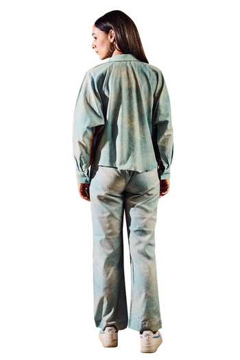 Rainas_Blue Linen Collared Floral Print Shirt With Pant_Online_at_Aza_Fashions