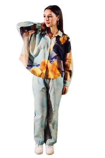Buy_Rainas_Blue Linen Collared Floral Print Shirt With Pant_Online_at_Aza_Fashions