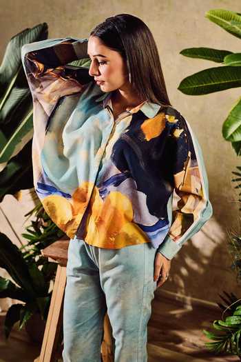 Rainas_Blue Linen Collared Floral Print Shirt With Pant_at_Aza_Fashions