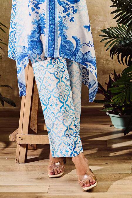 Buy Rainas Blue Cotton, Silk Tassels Mandarin Botanical Print Asymmetric Kurta With Pant Online at Aza Fashions Buy_Rainas_Blue Cotton, Silk Tassels Mandarin Botanical Print Asymmetric Kurta With Pant_Online_at_Aza_Fashions