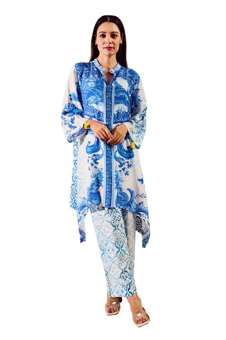 Shop Rainas Blue Cotton, Silk Tassels Mandarin Botanical Print Asymmetric Kurta With Pant Online at Aza Fashions Shop_Rainas_Blue Cotton, Silk Tassels Mandarin Botanical Print Asymmetric Kurta With Pant_Online_at_Aza_Fashions