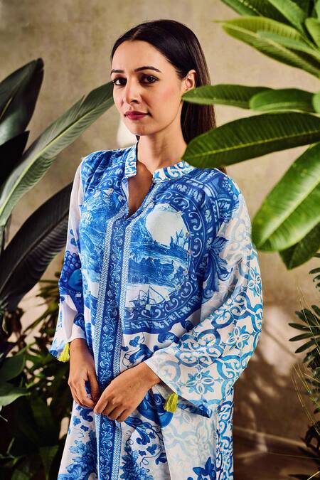 Rainas Blue Cotton, Silk Tassels Mandarin Botanical Print Asymmetric Kurta With Pant at Aza Fashions Rainas_Blue Cotton, Silk Tassels Mandarin Botanical Print Asymmetric Kurta With Pant_at_Aza_Fashions
