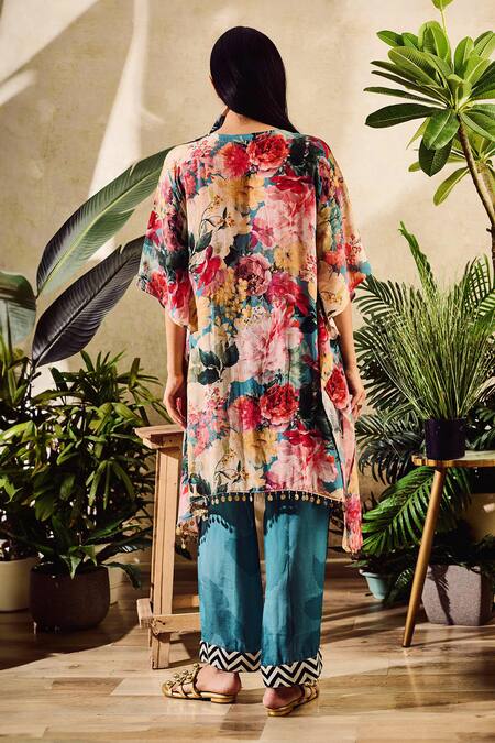 Shop_Rainas_Pink Viscose Tassels V-neck Blossom Print Kaftan Pant Set _at_Aza_Fashions