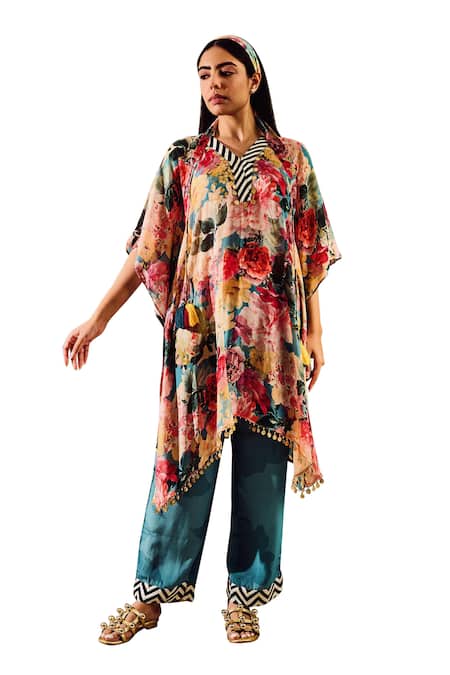 Buy_Rainas_Pink Viscose Tassels V-neck Blossom Print Kaftan Pant Set _Online_at_Aza_Fashions