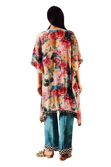 Shop_Rainas_Pink Viscose Tassels V-neck Blossom Print Kaftan Pant Set _Online_at_Aza_Fashions
