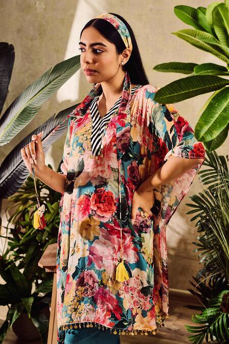 Rainas_Pink Viscose Tassels V-neck Blossom Print Kaftan Pant Set _at_Aza_Fashions