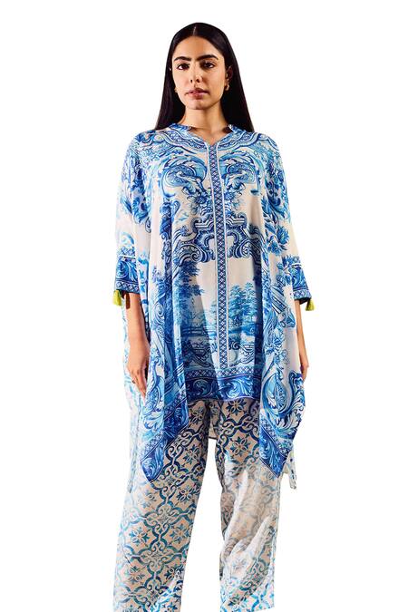 Buy Rainas Blue Cotton, Silk Embroidery Round Neck Floral Bloom Print Kaftan With Pant Online at Aza Fashions Buy_Rainas_Blue Cotton, Silk Embroidery Round Neck Floral Bloom Print Kaftan With Pant_Online_at_Aza_Fashions
