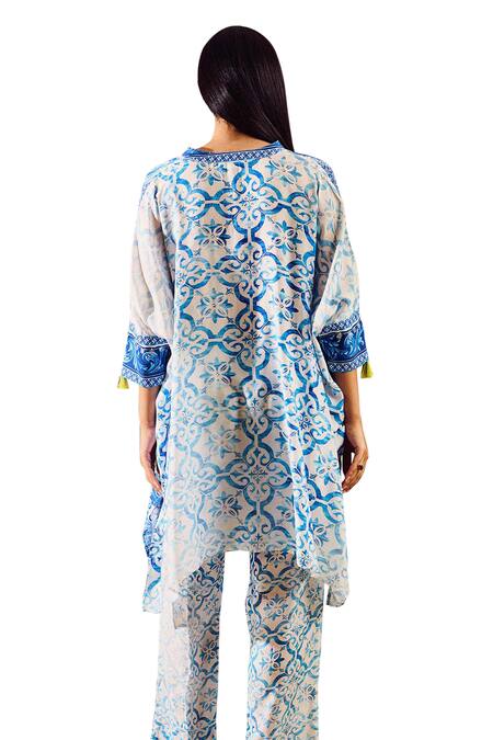Shop Rainas Blue Cotton, Silk Embroidery Round Neck Floral Bloom Print Kaftan With Pant Online at Aza Fashions Shop_Rainas_Blue Cotton, Silk Embroidery Round Neck Floral Bloom Print Kaftan With Pant_Online_at_Aza_Fashions