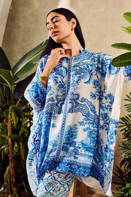 Rainas Blue Cotton, Silk Embroidery Round Neck Floral Bloom Print Kaftan With Pant at Aza Fashions Rainas_Blue Cotton, Silk Embroidery Round Neck Floral Bloom Print Kaftan With Pant_at_Aza_Fashions