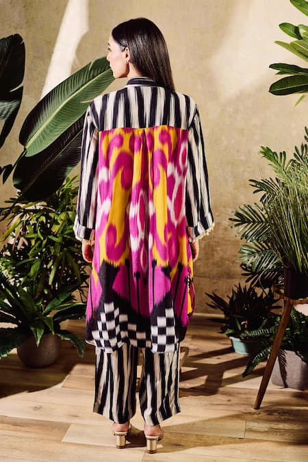 Shop Rainas Multi Color Cotton, Silk Collared Stripe Pattern Sleeve Kurta With Pant at Aza Fashions Shop_Rainas_Multi Color Cotton, Silk Collared Stripe Pattern Sleeve Kurta With Pant _at_Aza_Fashions