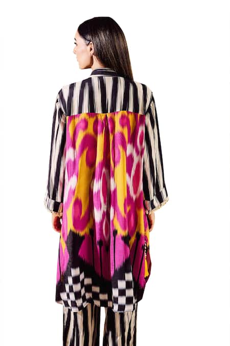 Rainas Multi Color Cotton, Silk Collared Stripe Pattern Sleeve Kurta With Pant Online at Aza Fashions Rainas_Multi Color Cotton, Silk Collared Stripe Pattern Sleeve Kurta With Pant _Online_at_Aza_Fashions